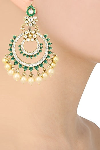 Gold Finish White and Green Jadtar Stone Chandbali Earrings