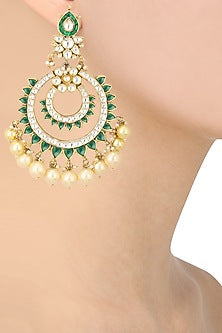 Gold Finish White and Green Jadtar Stone Chandbali Earrings