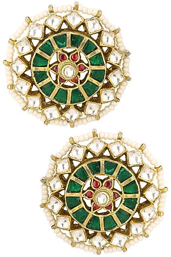 Gold Finish Green Meenakari Floral Top Earrings