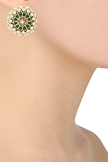Gold Finish Green Meenakari Floral Top Earrings