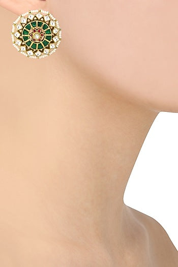 Gold Finish Green Meenakari Floral Top Earrings
