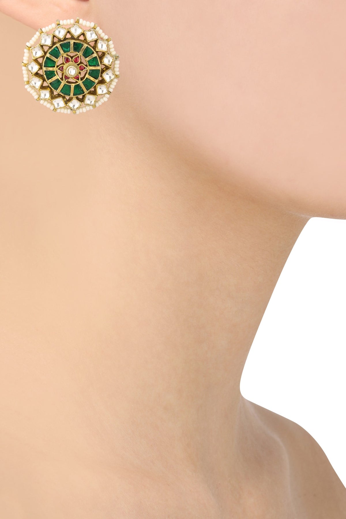 Gold Finish Green Meenakari Floral Top Earrings