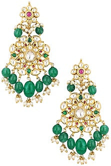 Gold Finish Pearl and Jadtar Stone Earrings