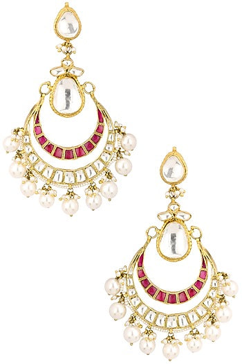 Gold Finish White and Pink Stone Crescent Earrings