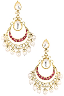 Gold Finish White and Pink Stone Crescent Earrings