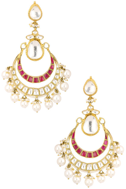 Gold Finish White and Pink Stone Crescent Earrings