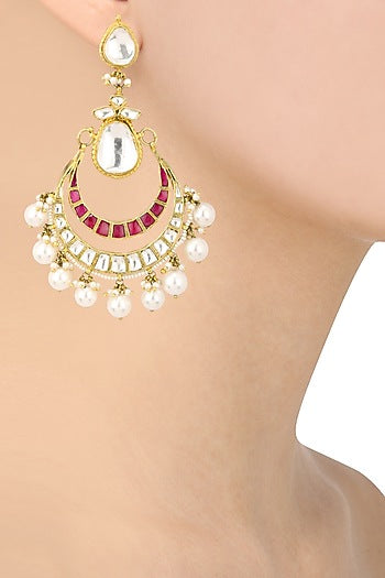 Gold Finish White and Pink Stone Crescent Earrings