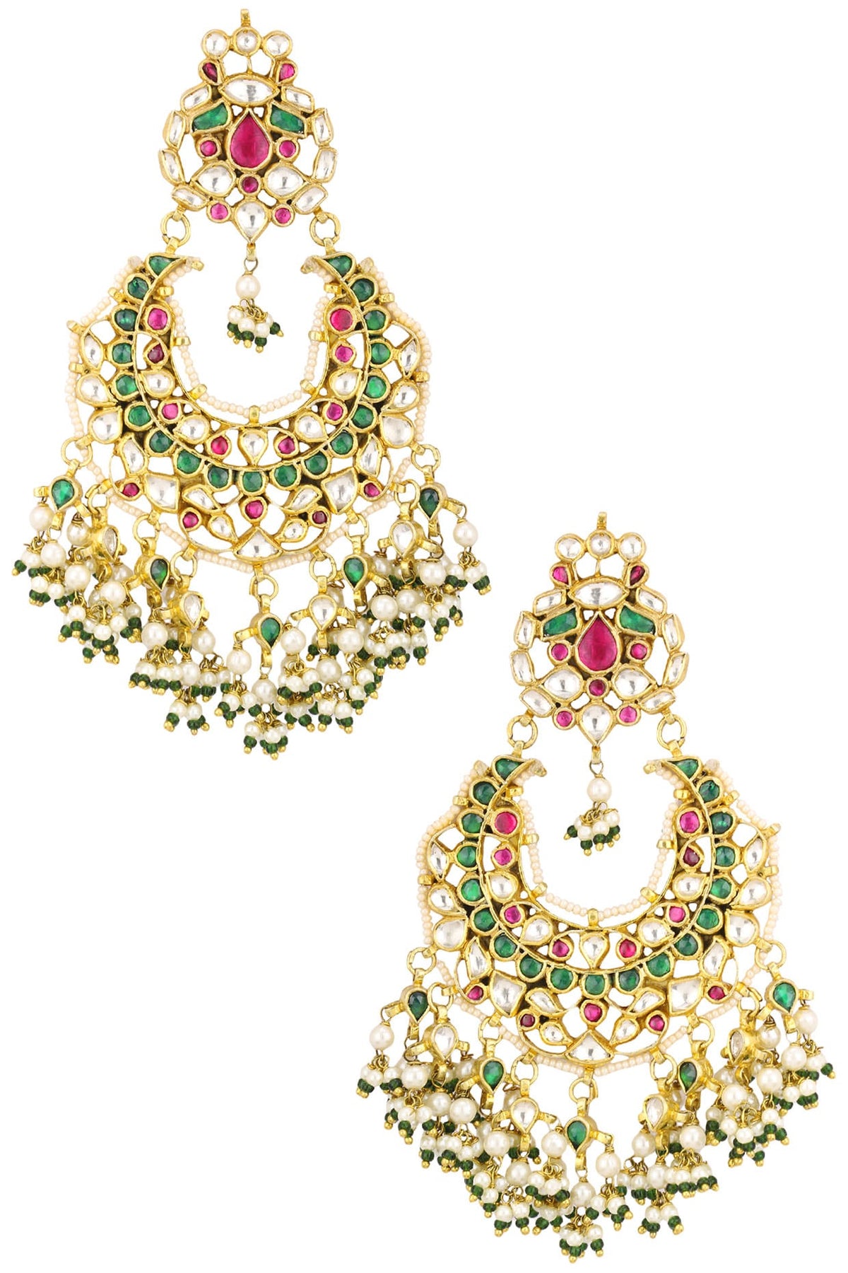 Gold Finish White, Green and Pink Stone Chandbali Earrings