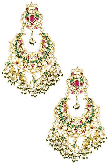 Gold Finish White, Green and Pink Stone Chandbali Earrings