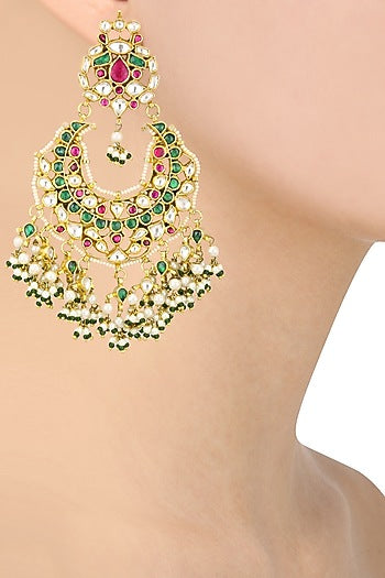 Gold Finish White, Green and Pink Stone Chandbali Earrings
