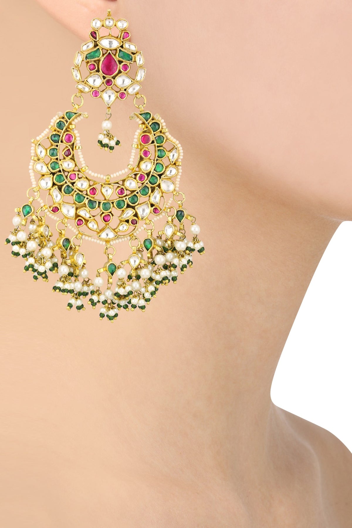 Gold Finish White, Green and Pink Stone Chandbali Earrings