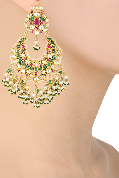 Gold Finish White, Green and Pink Stone Chandbali Earrings