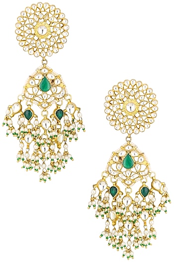 Gold Finish White and Green Stone Flower Top Earrings