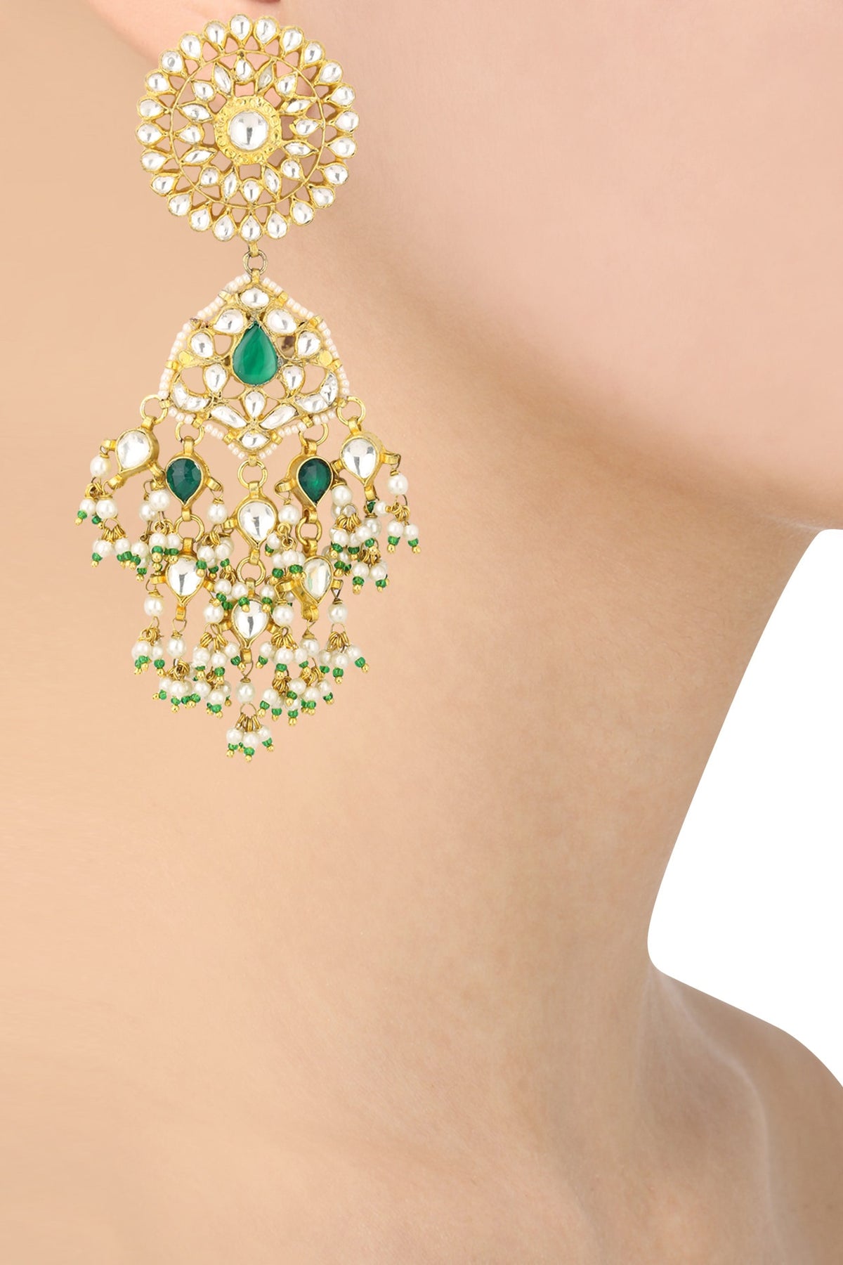 Gold Finish White and Green Stone Flower Top Earrings