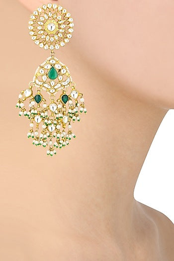 Gold Finish White and Green Stone Flower Top Earrings