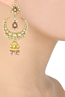Gold Finish White and Pink Stone Crescent Earrings