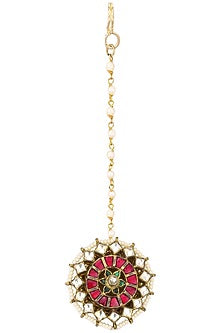 Gold Finish Green and Red Meena Borla Maangtikka