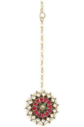 Gold Finish Green and Red Meena Borla Maangtikka