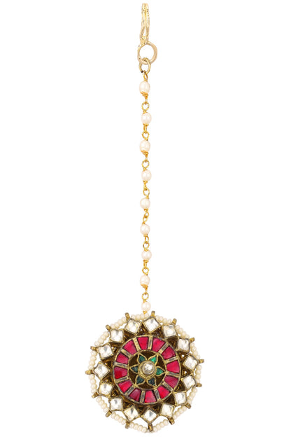 Gold Finish Green and Red Meena Borla Maangtikka