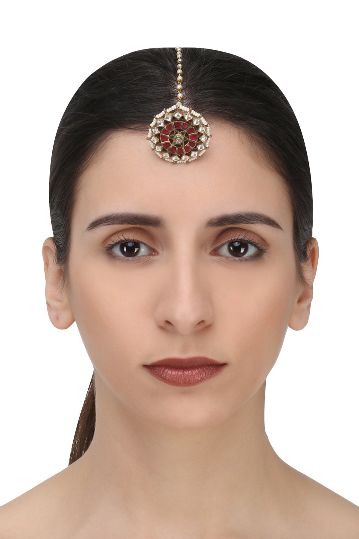 Gold Finish Green and Red Meena Borla Maangtikka