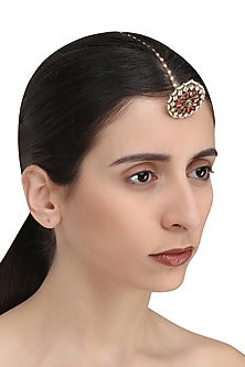 Gold Finish Green and Red Meena Borla Maangtikka