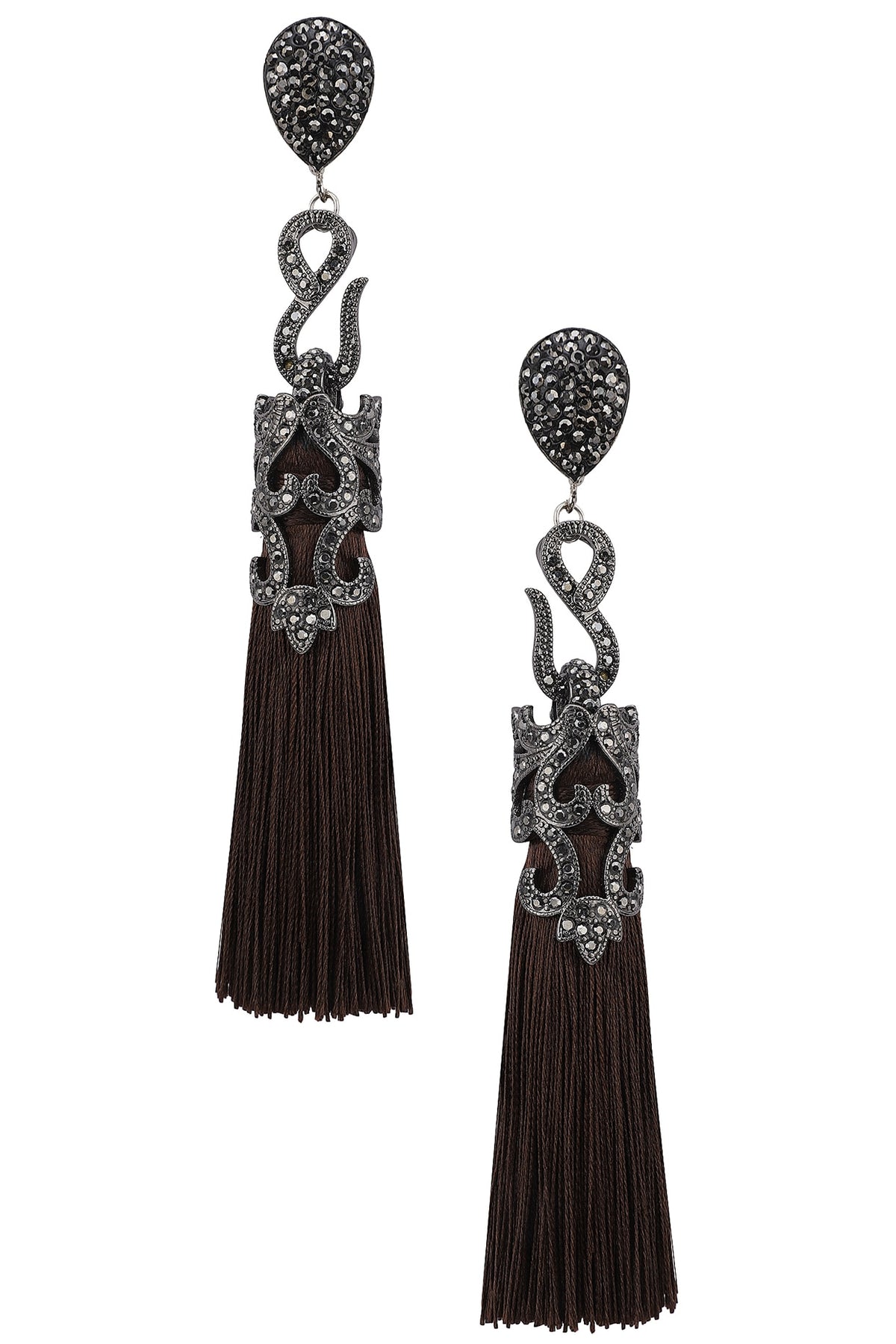 Gunmetal Plated Brown Sequins Tasseled Earrings