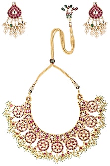 Gold Plated Pink Semi-Precious Stones Choker Necklace Set
