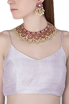 Gold Plated Pink Semi-Precious Stones Choker Necklace Set
