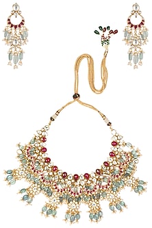 Gold Plated Pink and Green Stones Choker Necklace Set
