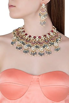 Gold Plated Pink and Green Stones Choker Necklace Set