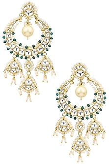 Gold Plated Green and White Bead Embellished Earrings