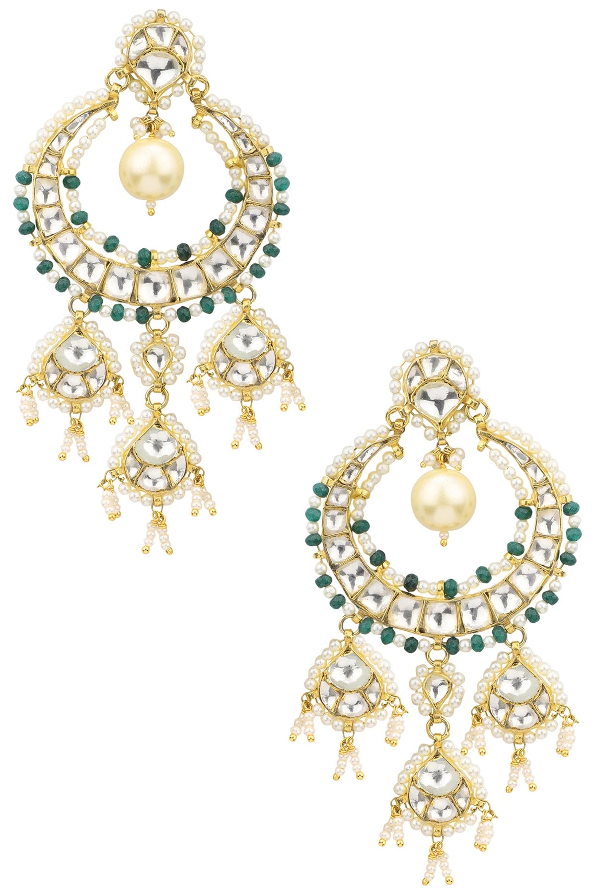 Gold Plated Green and White Bead Embellished Earrings