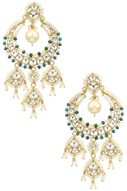 Gold Plated Green and White Bead Embellished Earrings