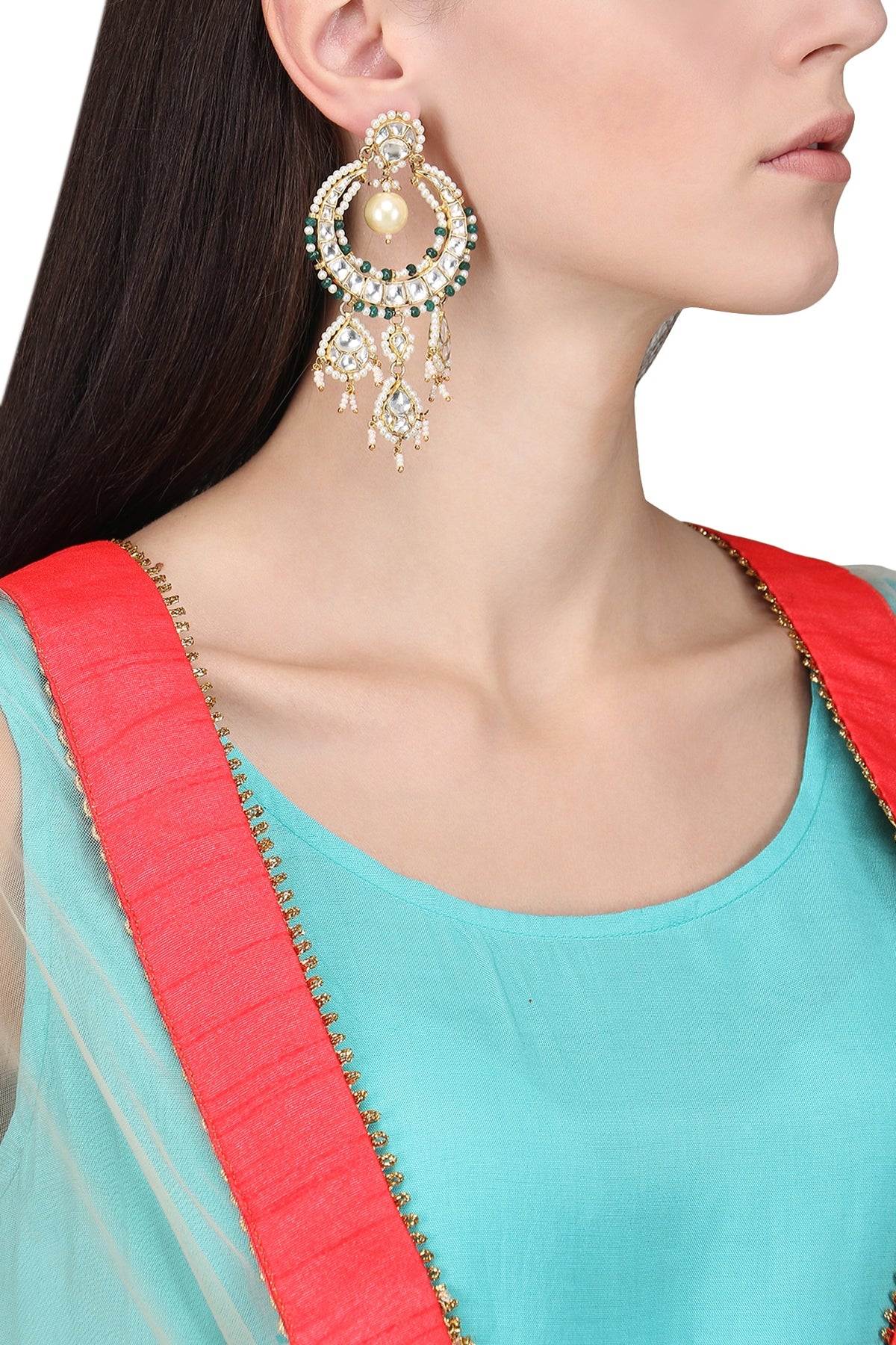 Gold Plated Green and White Bead Embellished Earrings