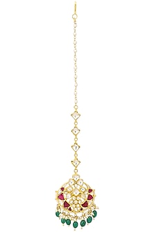 Gold Plated White Jadtar and Pink Stone Crescent Maang Tikka