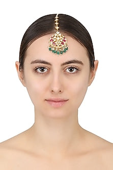 Gold Plated White Jadtar and Pink Stone Crescent Maang Tikka
