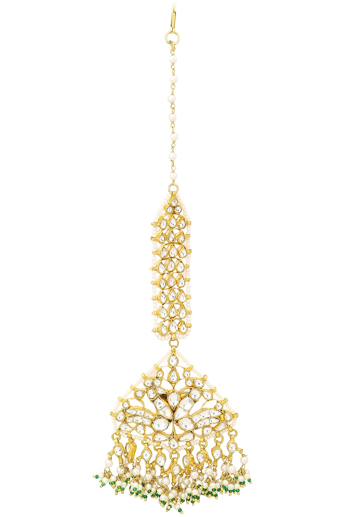 Gold Finish White Jadtar Stone Peacock Motif Maang Tikka