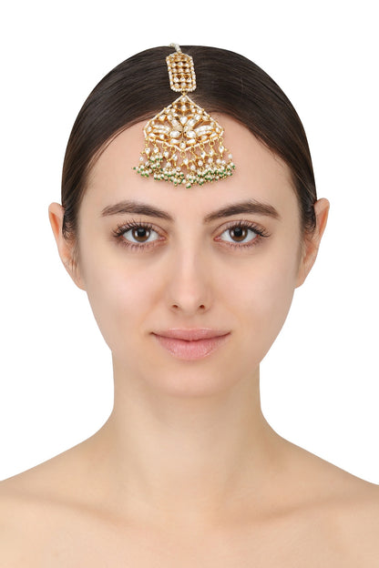 Gold Finish White Jadtar Stone Peacock Motif Maang Tikka