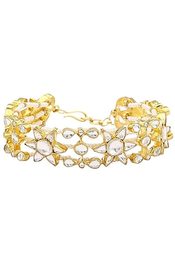 Gold Finish White Jadtar Stone Single Line Bracelet
