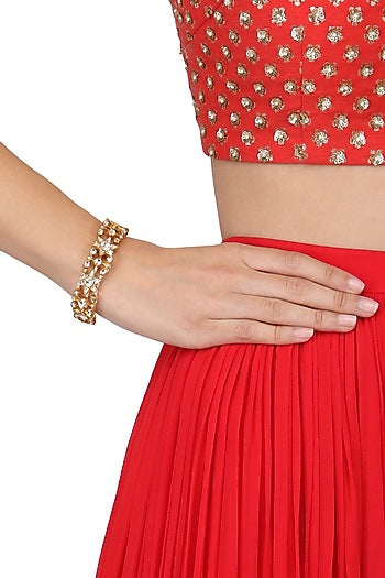 Gold Finish White Jadtar Stone Single Line Bracelet