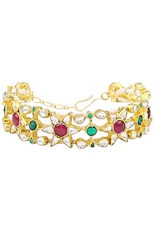 Gold Finish White Jadtar, Pink and Green Bracelet