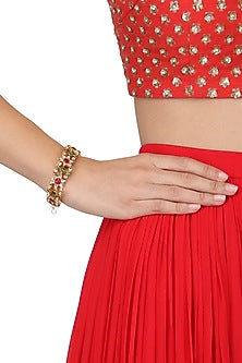 Gold Finish White Jadtar, Pink and Green Bracelet