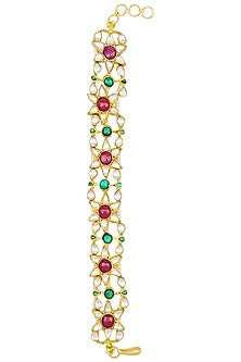 Gold Finish White Jadtar, Pink and Green Bracelet