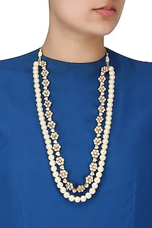 Gold Finish White Jadtar Stone and Pearl Long Necklace