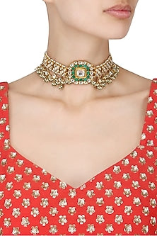 Gold Finish White Jadtar Stone and Pearl Choker Necklace
