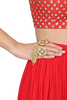 Gold Finish Pink and White jadtar Stone Two Finger Ring