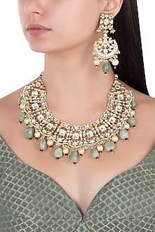 Gold Plated Sea Green and White Stones and Pearls Necklace Set