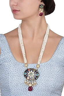 Gold Plated Pearls and Blue Meena Pendant Necklace Set