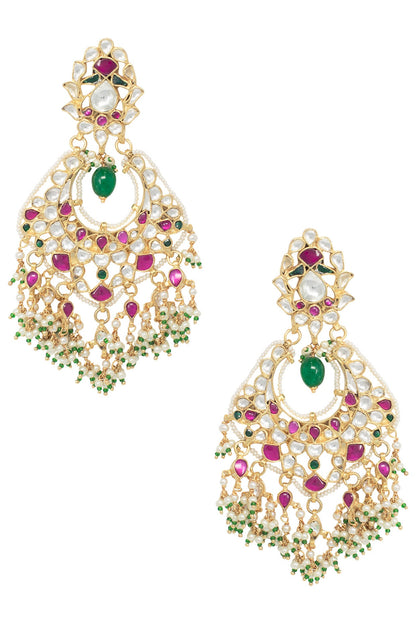 Gold Plated Pink and White Stones Chandbali Earrings