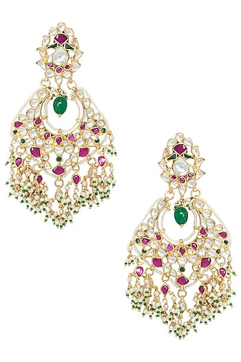 Gold Plated Pink and White Stones Chandbali Earrings